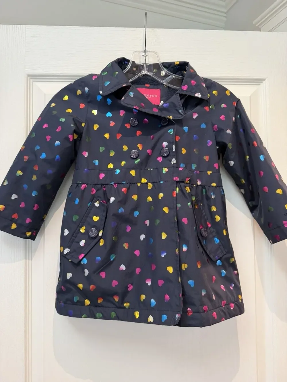 London Fog Girls Size 5 Raincoat Hooded Trench Coat Rainbow Hearts Fleece Lined
